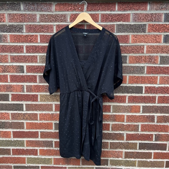 Express Black Sheer Chiffon Glitter Layered Wrap Wide Sleeve Belted Dress - Picture 2 of 6